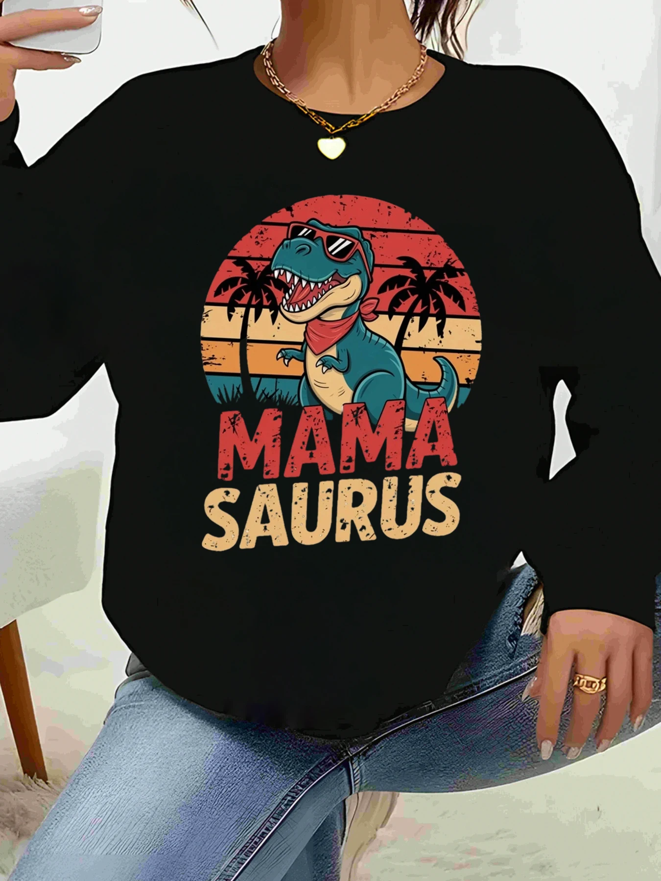 Camiseta de manga larga con estampado de dinosaurio Mama Saurus, ropa informal para el día de la madre para mujer