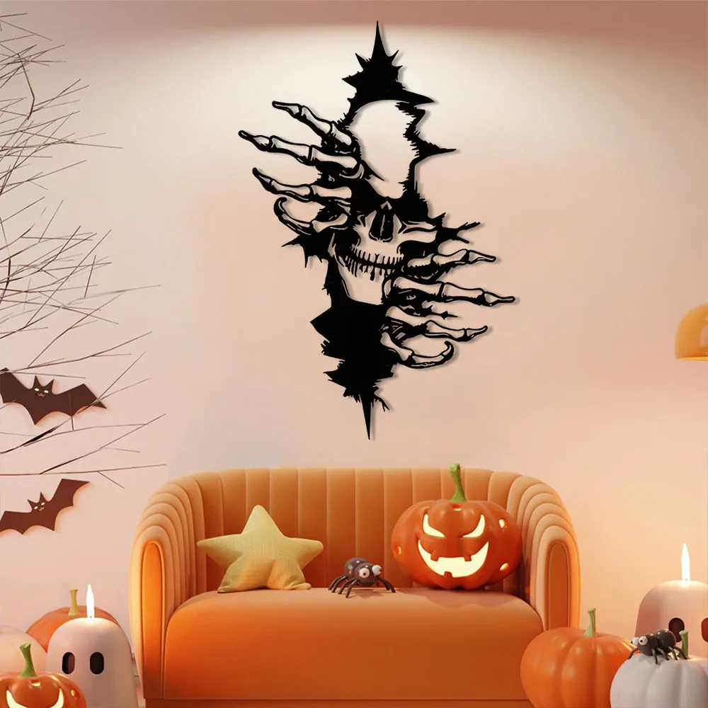 “1pc Frightening Skeleton Metal Wall Decor - Modern Halloween Art for Interior and Outdoor Home Decoration