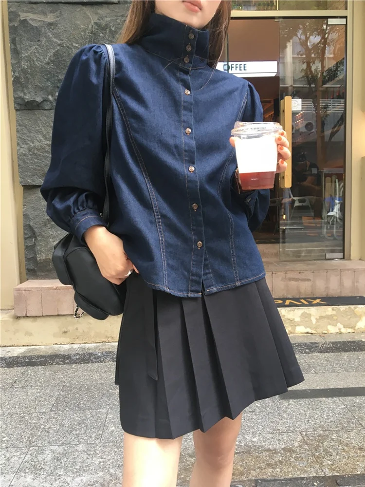 Retro Stand Collar ort Denim irt Women's Autumn New Design Sensation Anti Aging irt Jaet  Top Korean Sle Loose...