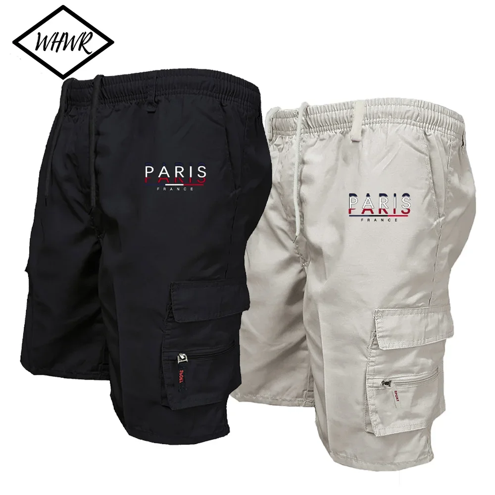 Men's Paris Printed Cargo Shorts Fashion Casual Multi-pockets Work Shorts Outdoor Loose Elastic Waist Running Shorts Sweatpants
