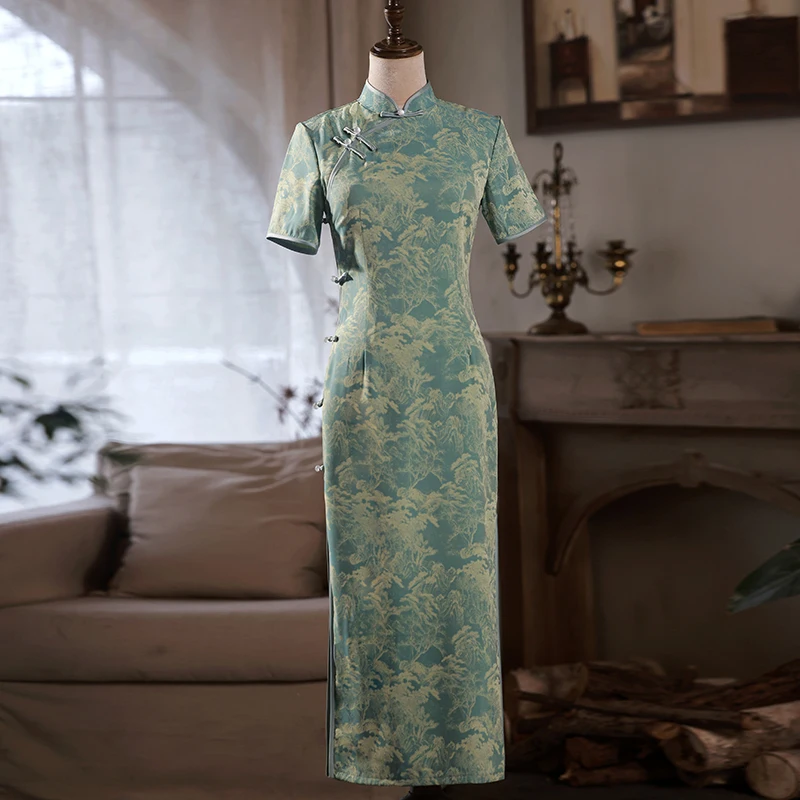 Gaun Qipao Panjang untuk Gadis Muda, Gaya Vintage, Motif Bunga, Belahan Rendah, Pakaian Sehari-hari, Serat Poliester, Musim Semi