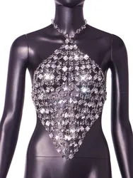 2023 Sexy Hollow Out Crystal Bra Chain Night Club Dance Show Costume Backless Halter Vest Tops Diamonds Breast Chain Jewelry