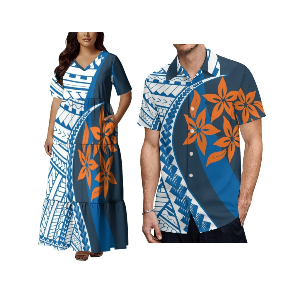 

Полинезийские дизайнерские платья и рубашки с принтом на заказ для пар: женское платье с V-образным вырезом и карманами, мужская летняя рубашка.