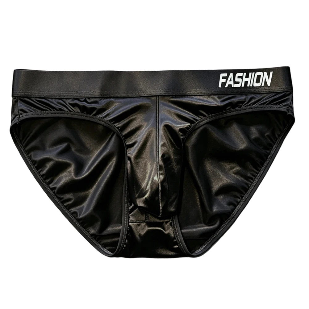 Men\'s Shiny Glossy Ice Silk Briefs Gradient Letter Wide Waistband Smooth Soft High Elastic Sexy Low Rise Male Underwear