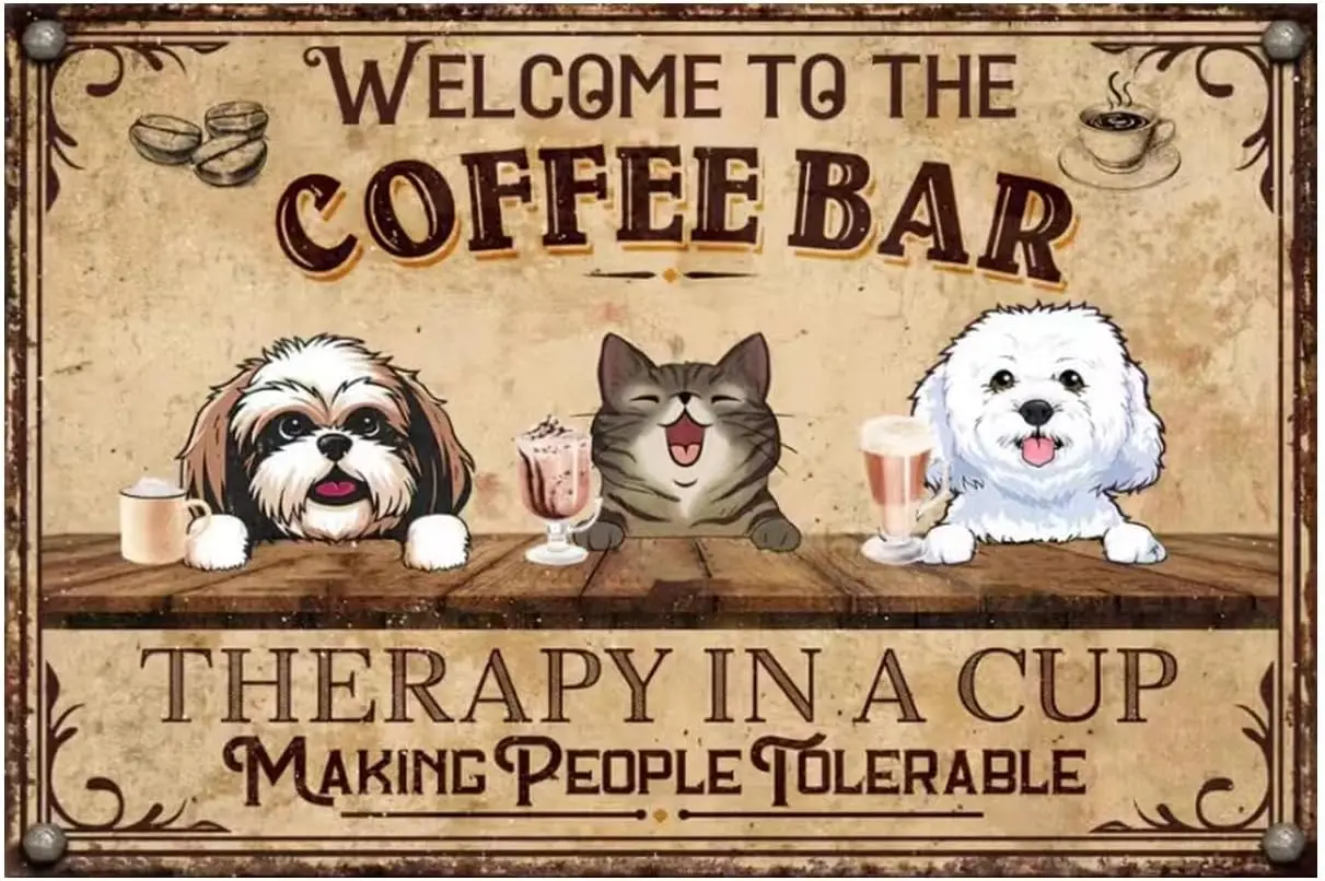 Znak blaszany dla psów metalowy plakat wystrój klasyczna ściana, Bar kawowy dla psów kotów, zabawne dekoracje do domowego baru łazienka gospodarstwo ogrodowe Plaqu