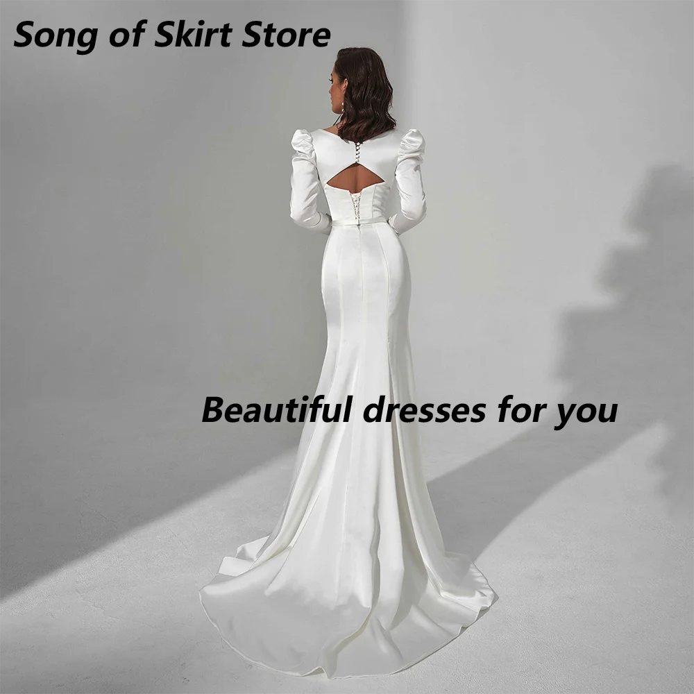 فستان زفاف أنيق من الساتان الناعم برقبة على شكل قلب وأكمام طويلة وفتحة جانبية للشاطئ باللون الأبيض مشد فستان زفاف رداء De Mariee مخصص #2