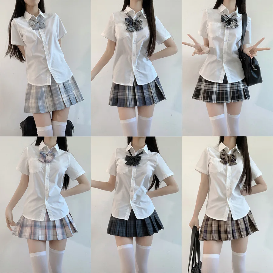 Japanese JK Uniform Set,White Short Sleeve Shirt&Solid Color Pleated Skirt,Preppy Style Outfit for Student Daily Campus Wear