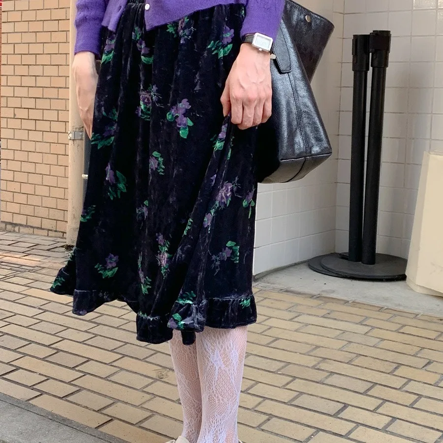 Korean Chic Vintage Floral Velvet Half Skirt Women Early Autumn High Waist Draping Midi A-Line Umbrella Skirt Polyester Fiber