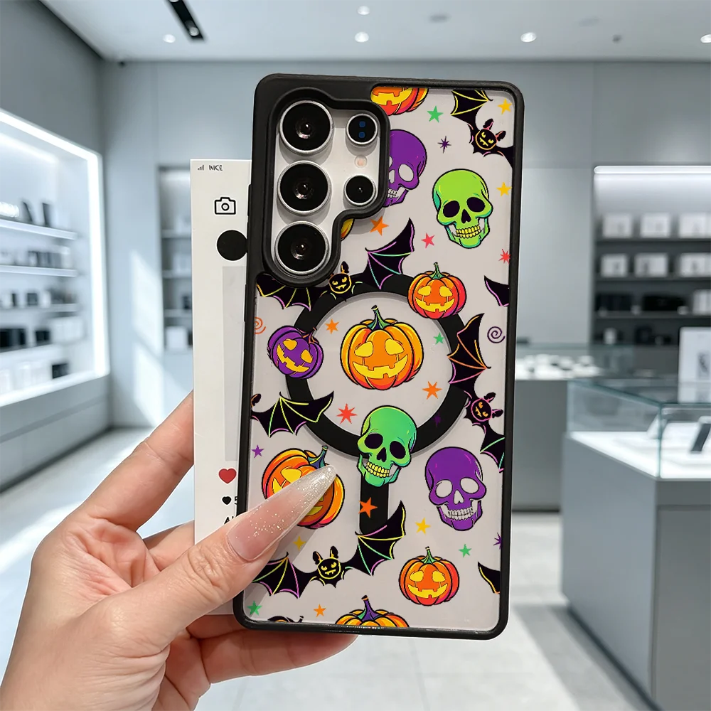 Halloween Pattern Magnetic Clear Phone Case For Samsung Galaxy S26 S25 S24 S23 S22 Ultra FE A17 A37 A57 Shockproof Cover