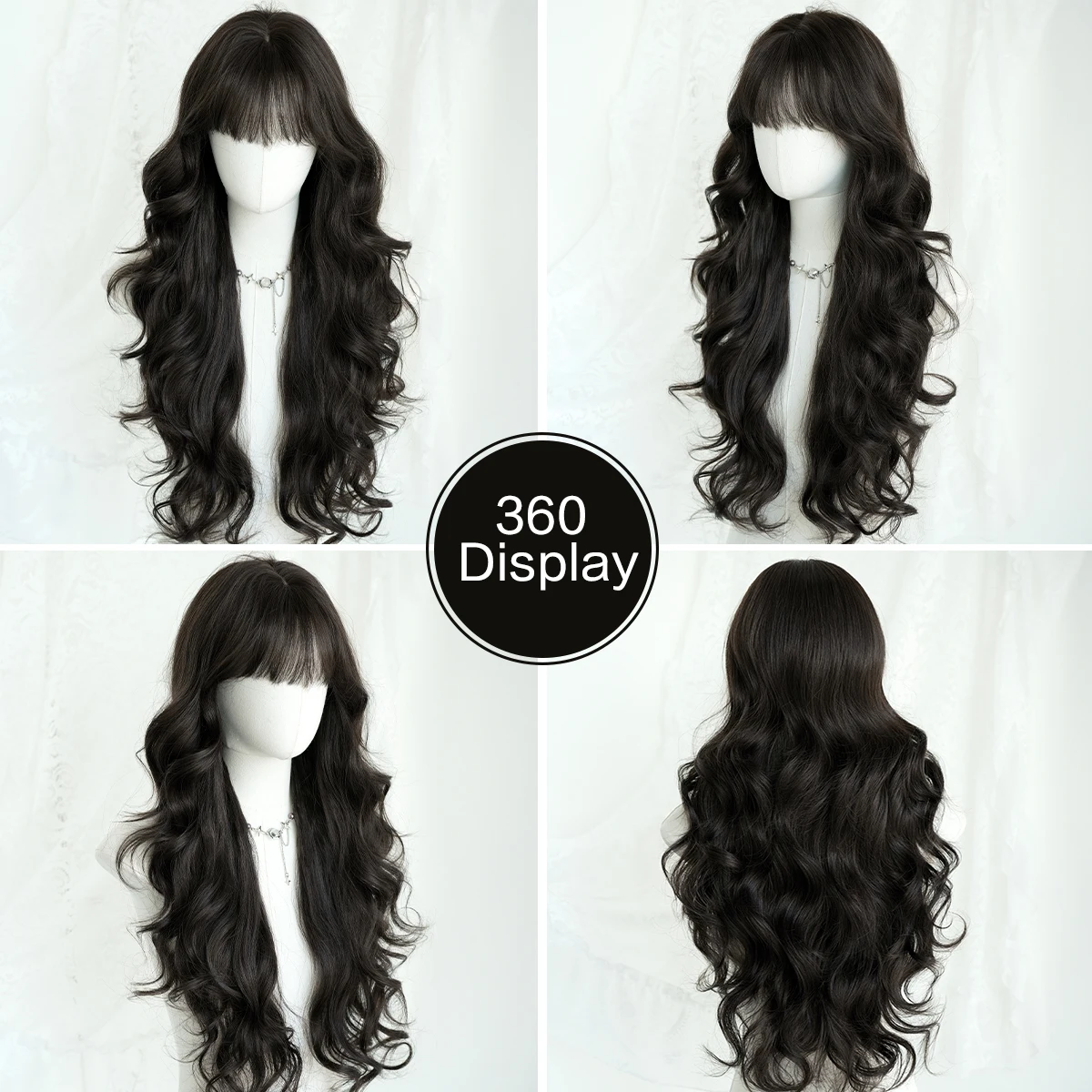 Long Body Wave Dark Brown Wig for Women Synthetic Heat-Resistant Modest Fashion Wear and Go Black Tea Wigs with Neat Bangs - view 5