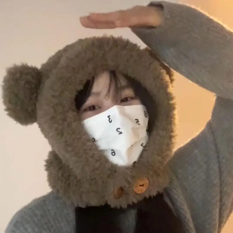 Cute Bear Plush Hat Women's Winter Outdoor Warm Ear Protection Style Capsule Sweet Lovely Polyester Fiber Travel Hat