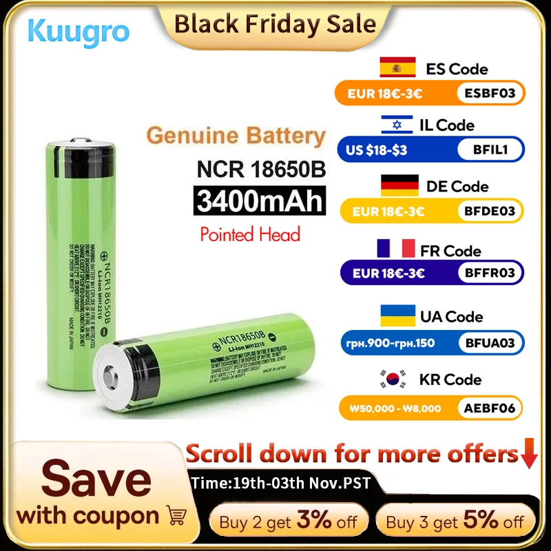 

Original NCR18650B Pointed Battery 18650 3400mAh 3.7V Rechargeable Lithium Batteries for Flashlight