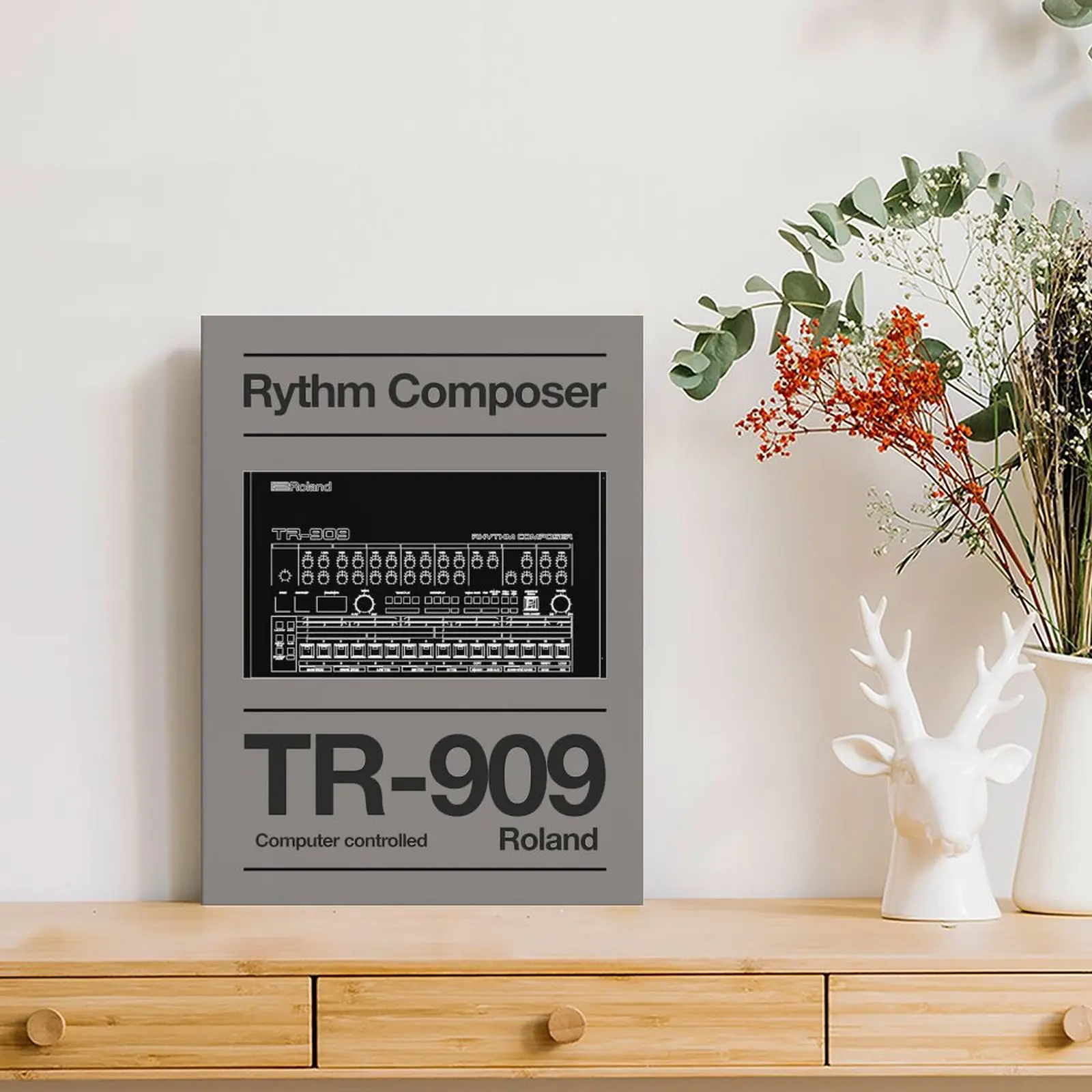 Synthwave Vibes الحد الأدنى Roland Tr 909 إيقاع الملحن الفن قماش اللوحة المرآب سينما تصميم لوحات حائط مؤطرة