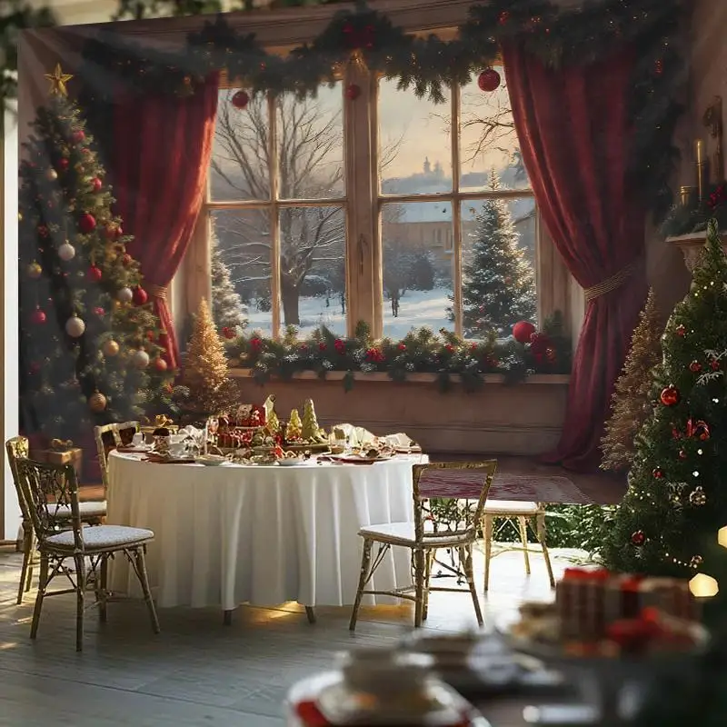 1pc Extra Large Christmas Winter Scene Tapestry - Elegant Snowy Window Decoration with Red Curtains, Table Setting - No Electric