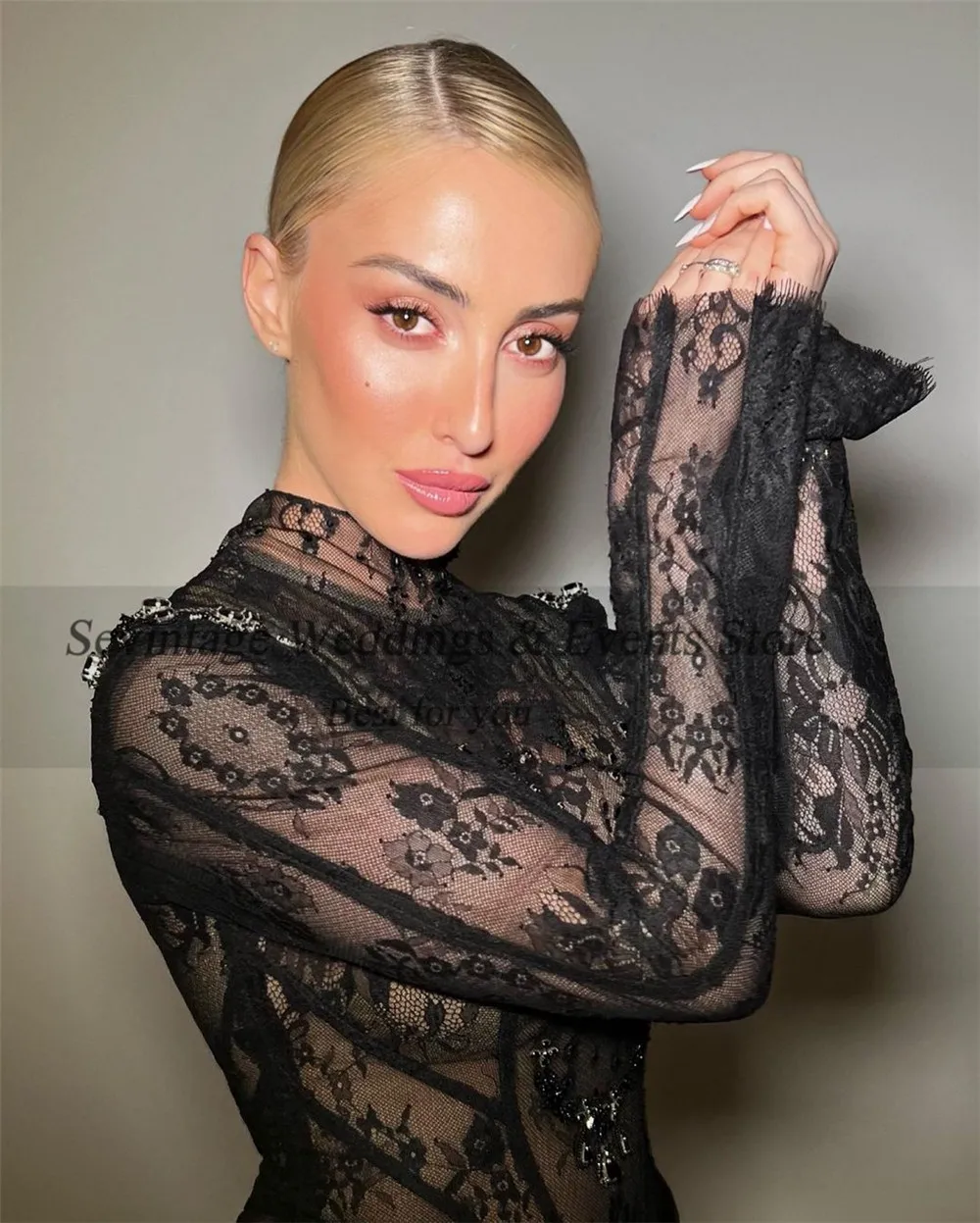 Sevintage Sexy Black Lace Prom Dress Mermaid High Neck Pleated Long Sleeves Above Knee Evening Dress vestido de gala 2024