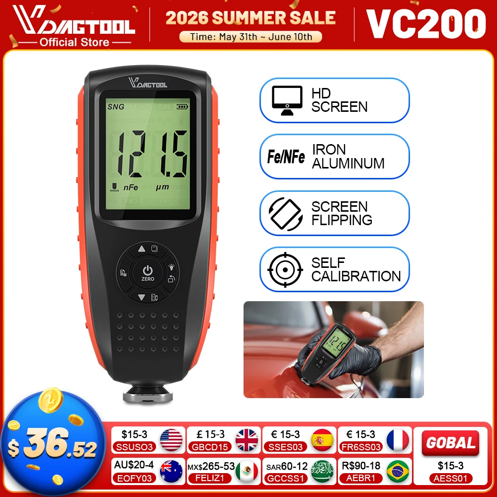 

VDIAGTOOL VC200 Coating Thickness Tester Backlight Car Paint Thickness Gauge Calibration Function Thickness Meter Rotated Screen