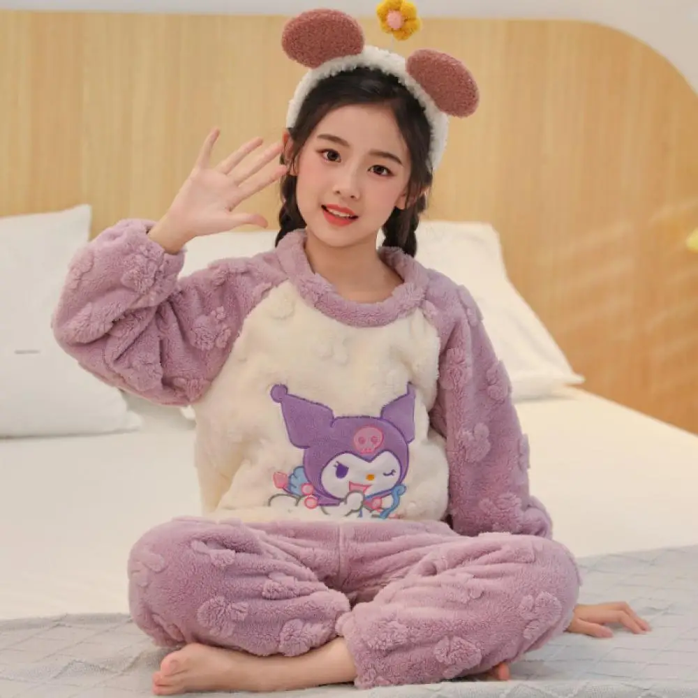 

Детские пижамы Sanrio Kuromi, 2 шт., кавайные свободные фланелевые пижамы с героями мультфильмов для мальчиков и девочек, осенне-зимняя теплая модная домашняя одежда, пижамы