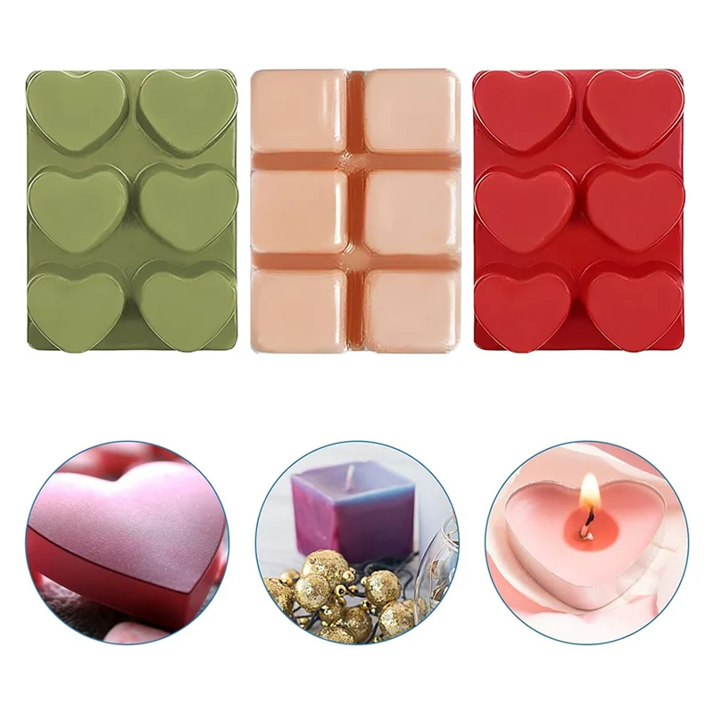 قوالب صدفي تذوب الشمع، علبة مكعبات 6 تجويف مربع بلاستيكي فارغ ومربع على شكل قلب حاوية تذوب مكعبة الشمع لـ 100 عبوة يمكنك صنعها بنفسك #2