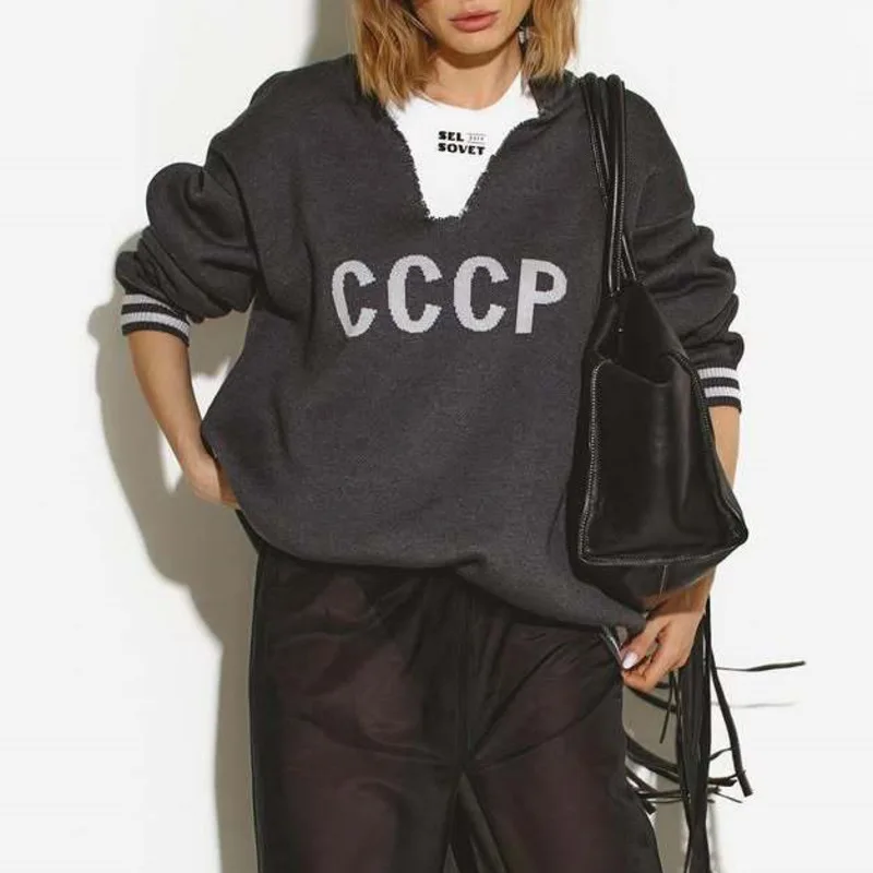 

Цвет буквы, тканый свитер с v-образным вырезом для женщин, ленивый стиль, осень-зима, свободный серый, повседневный, с длинным рукавом, элегантный, универсальный, вязаный