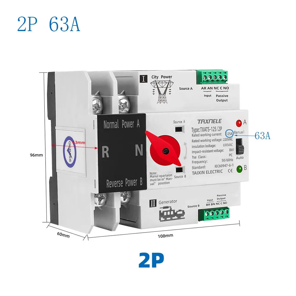 63A 100A 125A Din Rail 2P 3P 4P ATS Dual Power Automatic Transfer Selector Switch Uninterrupted Power Generator Switch