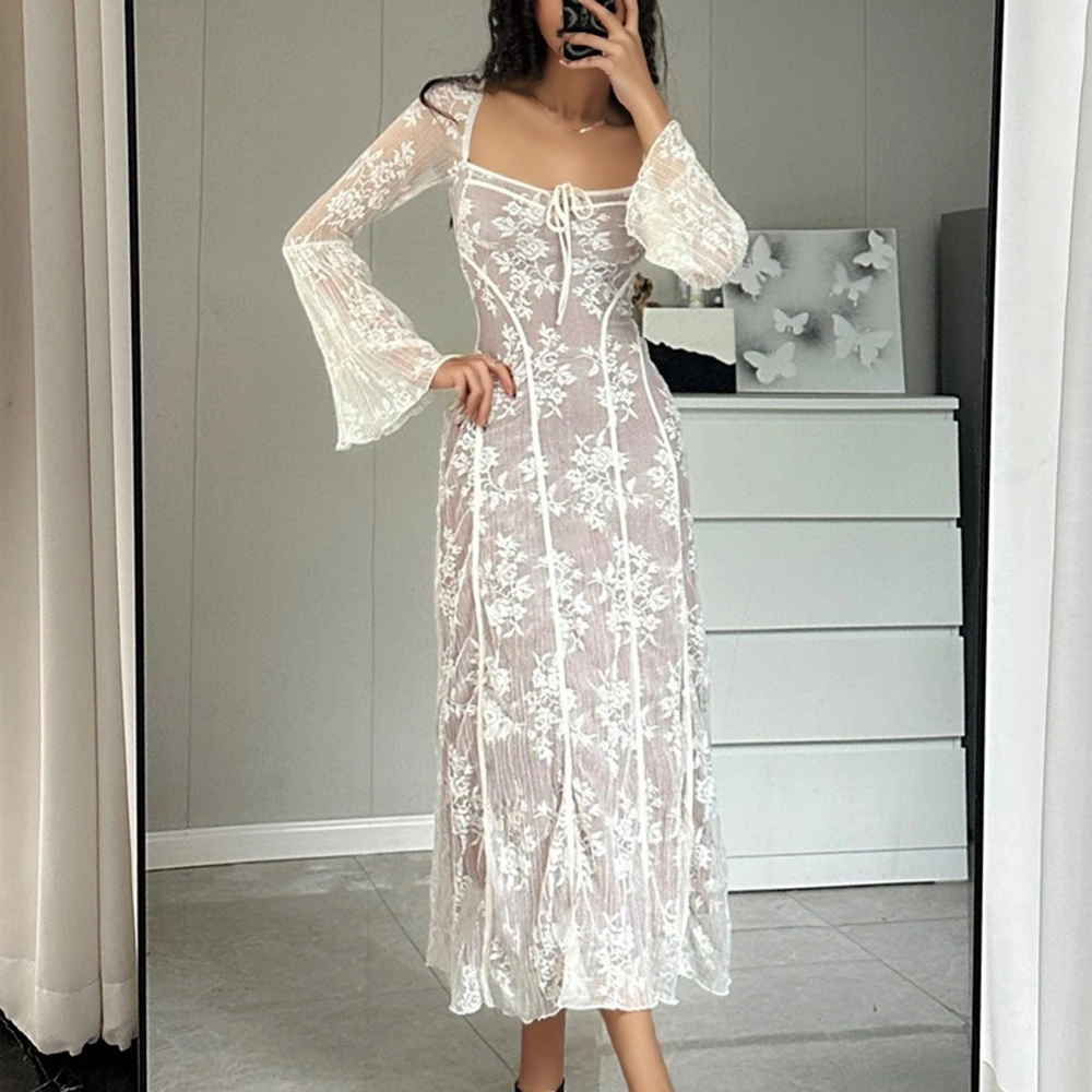 فستان أنيق من الدانتيل برقبة على شكل حرف V مجوف على الطراز الفرنسي للنساء بتصميم التخسيس مجموعة جديدة للربيع/الصيف