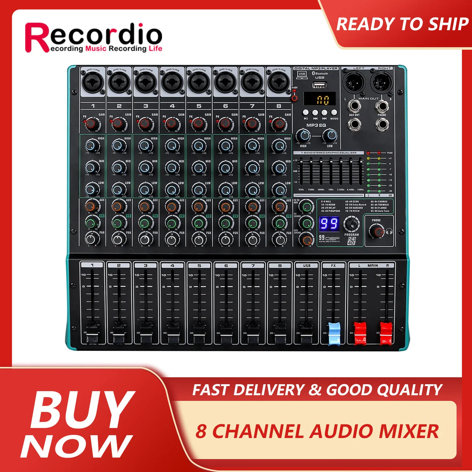 

GAX-TK8 professional 8-channel mixer with multi-channel control and equalization effect for recording, K song, live streaming