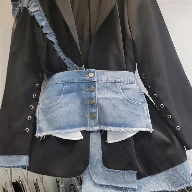 Frauen Unregelmäßige Aushöhlen Gespleißt Spitze Rüschen Anzug Jacke Mesh Geraffte Blazer Mantel Strickjacke Spitze Up Sleeve Tops mit Denim Gürtel