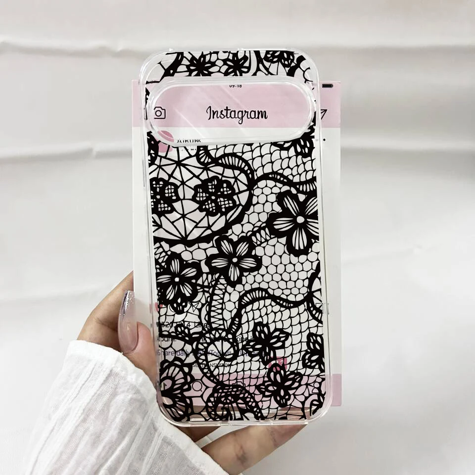 Fashion Black Lace Phone Case For Google Pixel 9 10 Pro XL 8 Pro 6 7 7A 8A 5G Floral Pattern Clear Soft TPU Protective Cover Bag - view 2