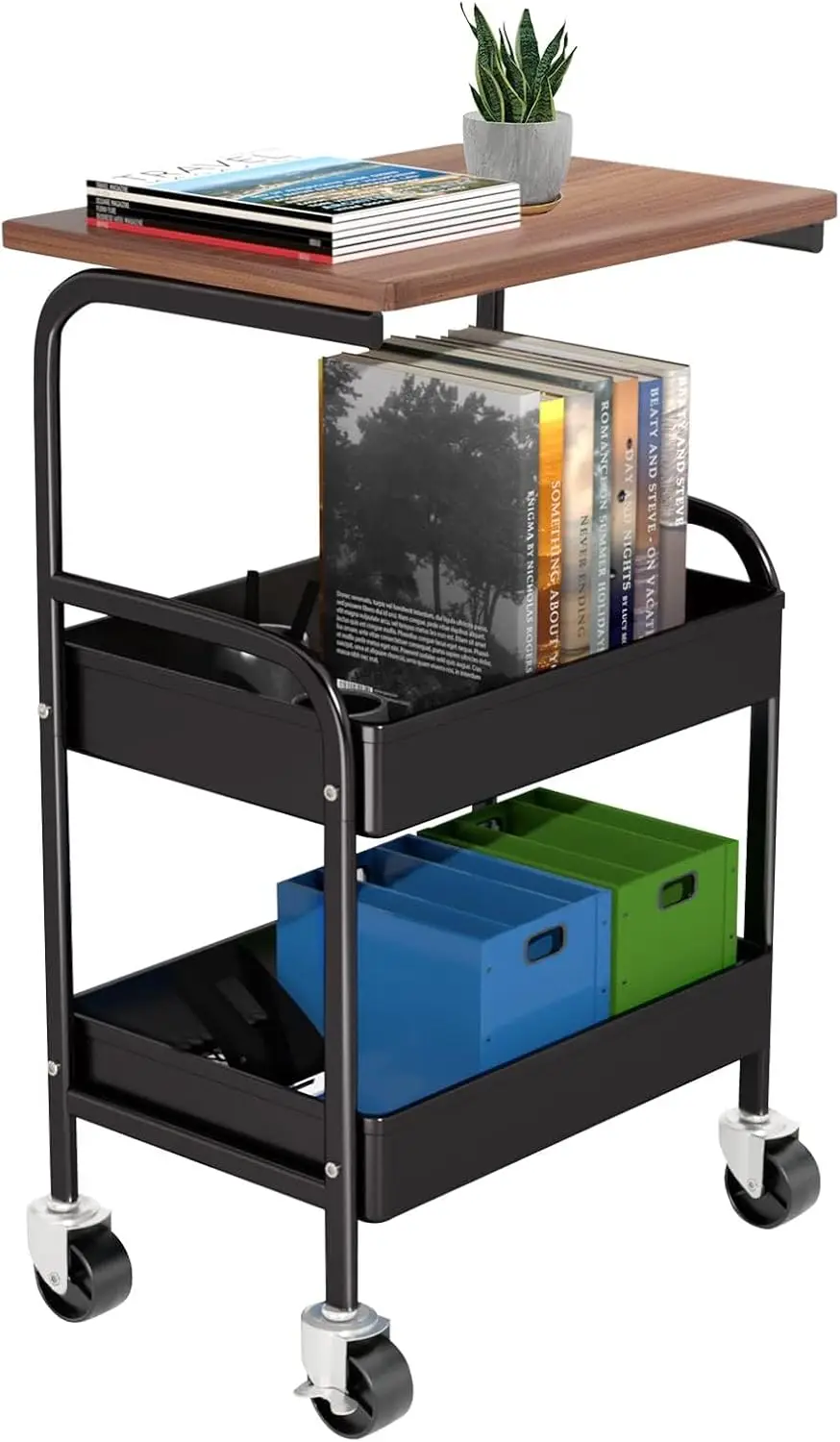 Rolling Cart with Wooden Tabletop, 3 Tier Metal Utility Cart, Rolling Storage Organizer Cart with Lockable Wheels