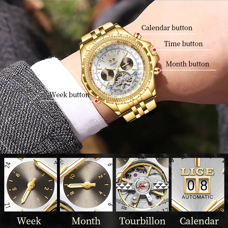 LIGE Fashion Luxury Mechanical Man Watch Automatic Tourbillon Top Brand Watches for Men Stainless Luminous Waterproof Date Clock