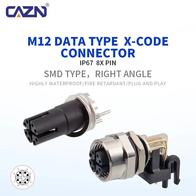 M12 Surface Mount Connectors 8-Pin SMD Type Straight 90 Degree Socket X Code Female Metal Plastic Brass Contacts Connector