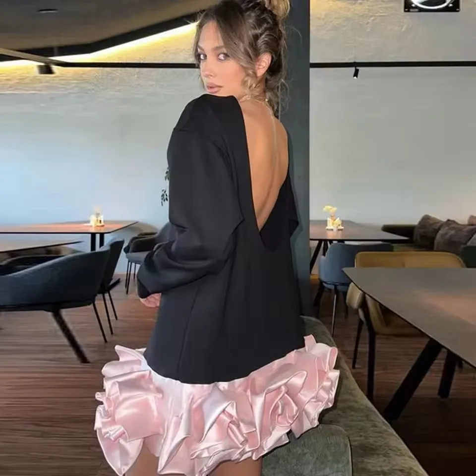 

Eye Catching With Handmade Flower Bottom Full Sleeves Straight Mini Maxi Dress To Party Sexy Backless Black Short Women Dresses
