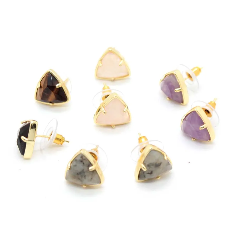 Charms Natural Healing Crystal Triangle Stone Stud Earrings For Women Girls Amethyst Rose Quartz Choice Fashion Earring Jewelry