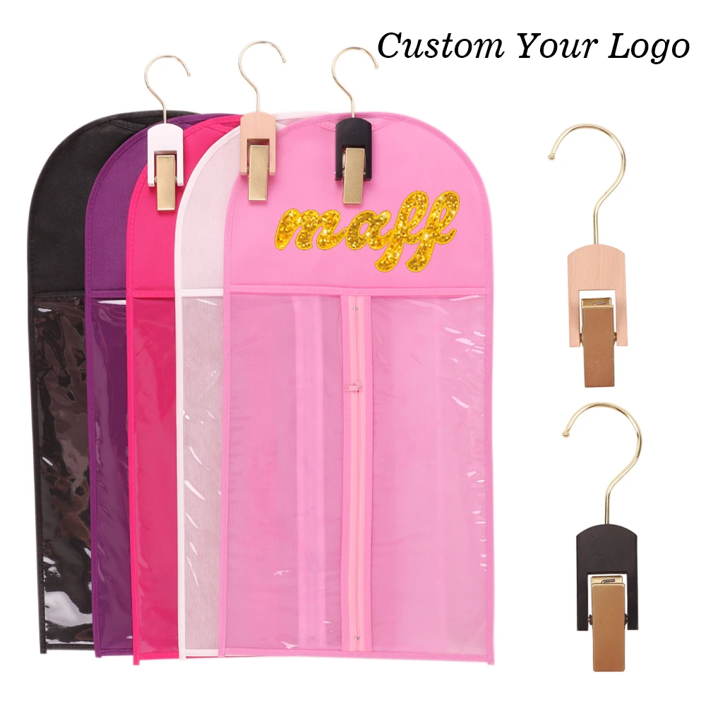 

Customized Bags For Packaging With Logo Non-Woven Wig Storage For Multiple Wig With Wooden Gold Hangers Custom Wig Packaging