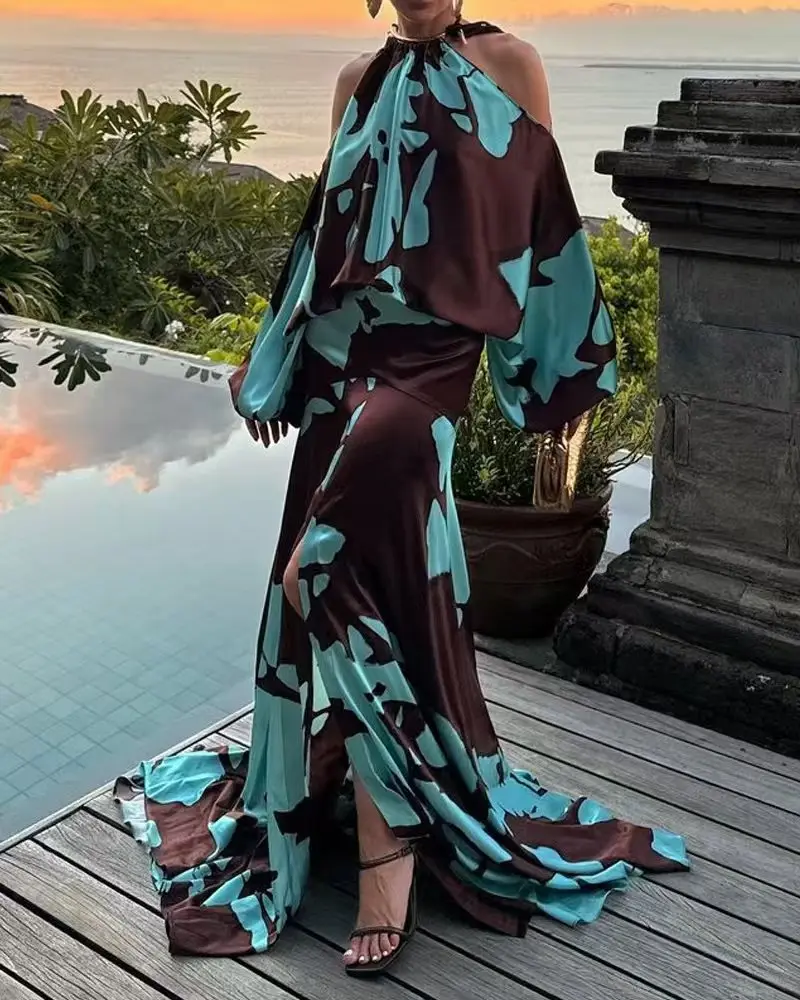 Sexy Hollow Out Shoulder Swing Long Dress Autumn Vintage Long Sleeved Holiday Dress Vintage Pattern Printed Waist Bohemian Dress