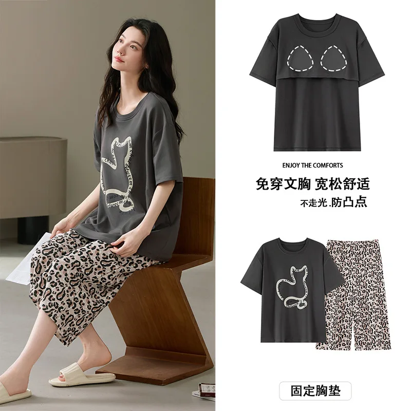 

Plus Size Pure Cotton Pajamas Set Womens Summer Bulit-in Bra Short-sleeved Tops Cropped Pants 2pcs Loungewear Loose Home Clothes