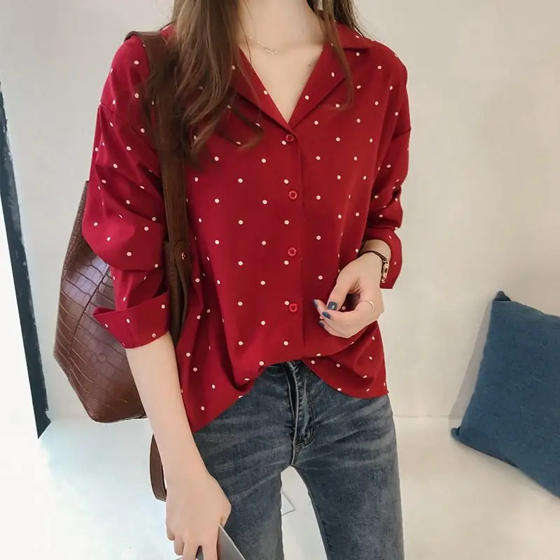 

Fashion Printed Button Polka Dot Chiffon Shirt Women's Clothing 2022 Autumn New Oversized Casual Tops All-match Korean Blouse