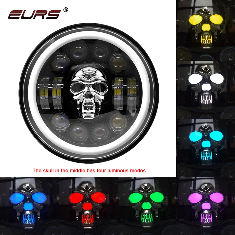 7 Inch Round LED Skull Headlight High Low Beam Light DRL Turn Signal Angel Eyes Motorcycle Headlamps For Harley Jeep Wrangler