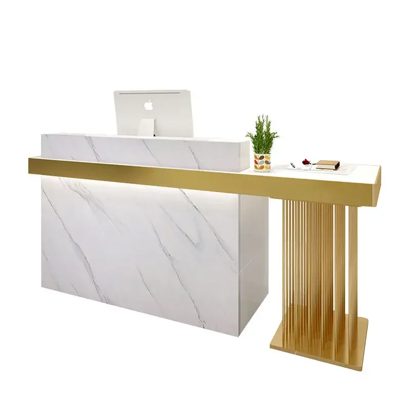 Modern Front Desk Counter With Gold-plated LOGO And LED Gold Decorative Front Reception Desk