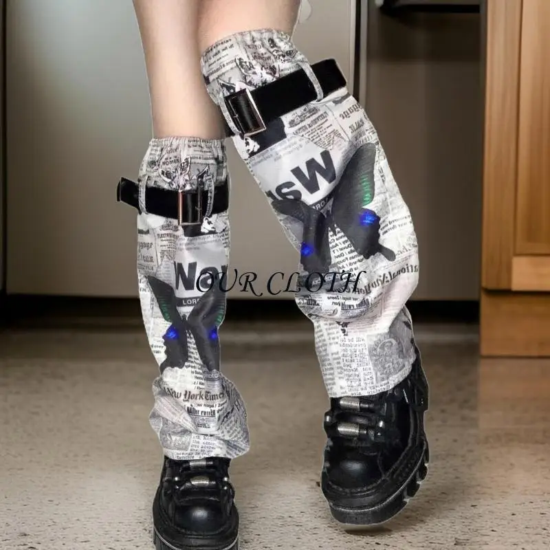 Aesthetic Fashion Buckle Strap Leg Warmer Streetwear Harajuku Boot Cover Magazine Butterfly Pattern Leg Warmer for Women Y1AC