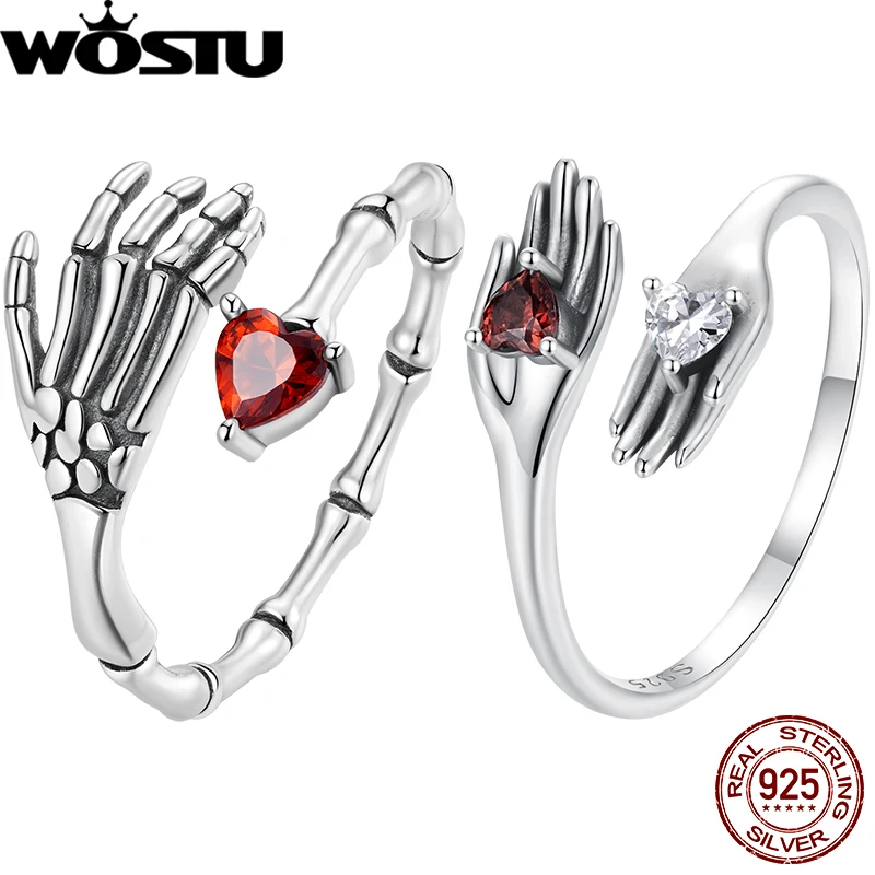 WOSTU 925 Sterling Silver Dark Skeleton Hand Open Ring Heart Zircon Adjustable Original For Women Guard Halloween Jewelry Gift