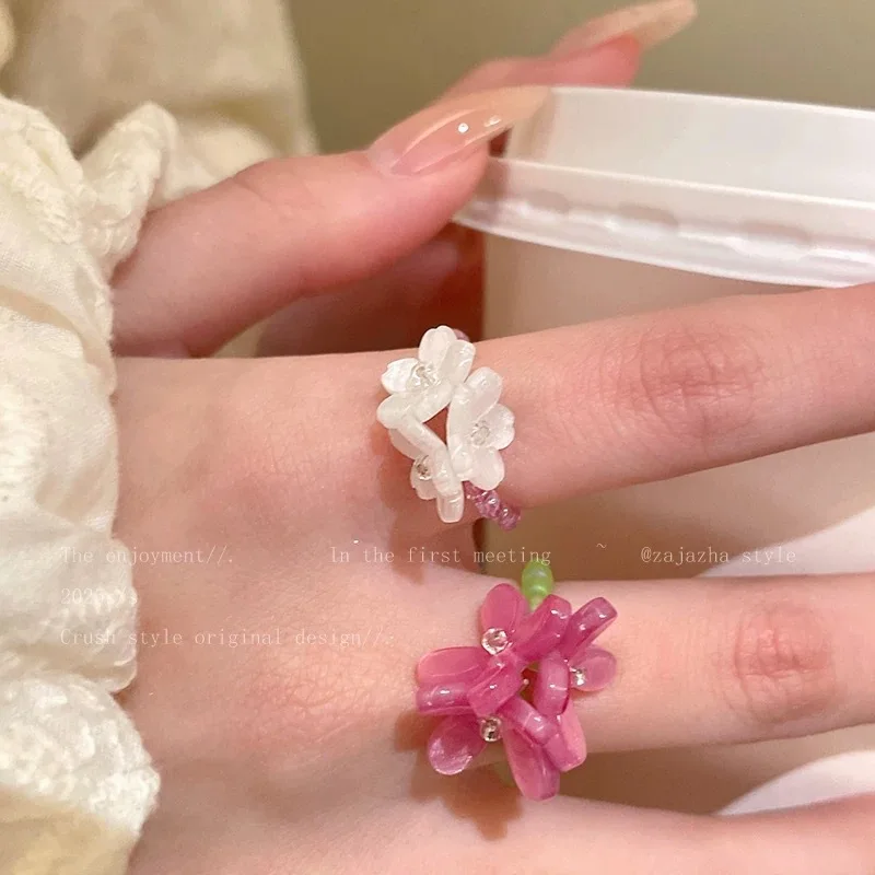 Violet Flower Elastic Beaded Ring for Women Korean Spring Summer Stackable Finger Jewelry Female Gift Accessory