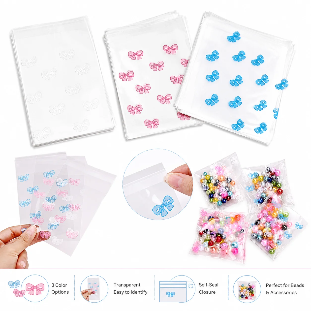 40 Stück Cartoon-Schleifen-Transparente Ziplock-Beutel, OPP-Selbstverschlussbeutel aus Kunststoff für Schmuck, Perlen, Bastelarbeiten und Kleinteile-Verpackung – Detail 1