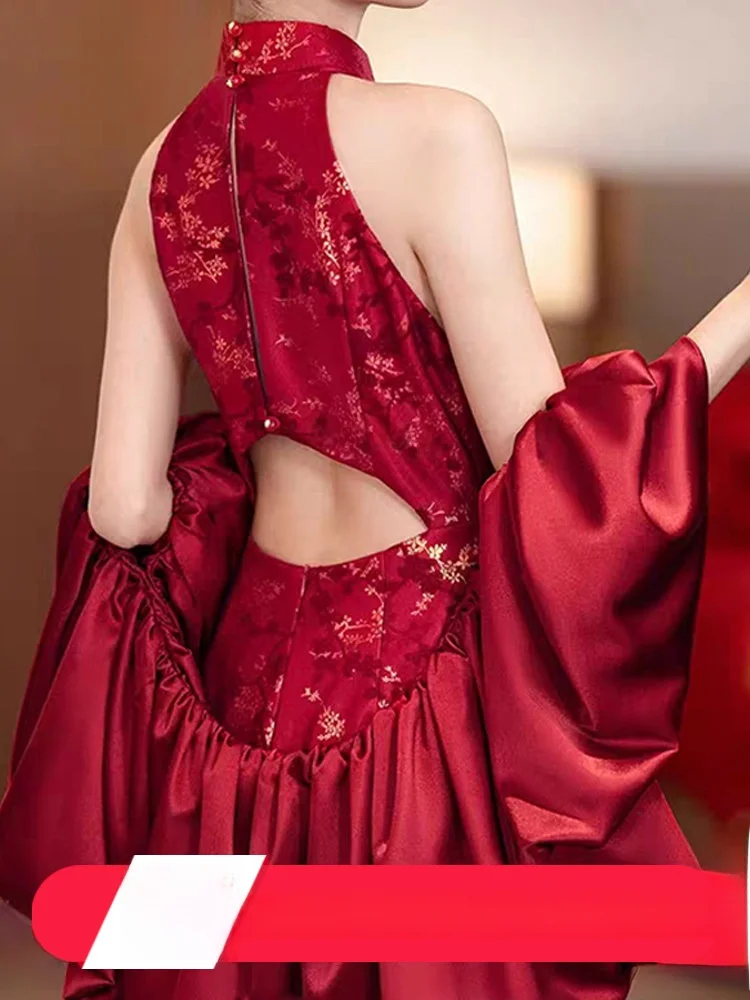 

Ele Red Wedding Dr with Long awl for Women Chinese Sle New Bride Drinking Ceremony High End Feel Engagement Par ...