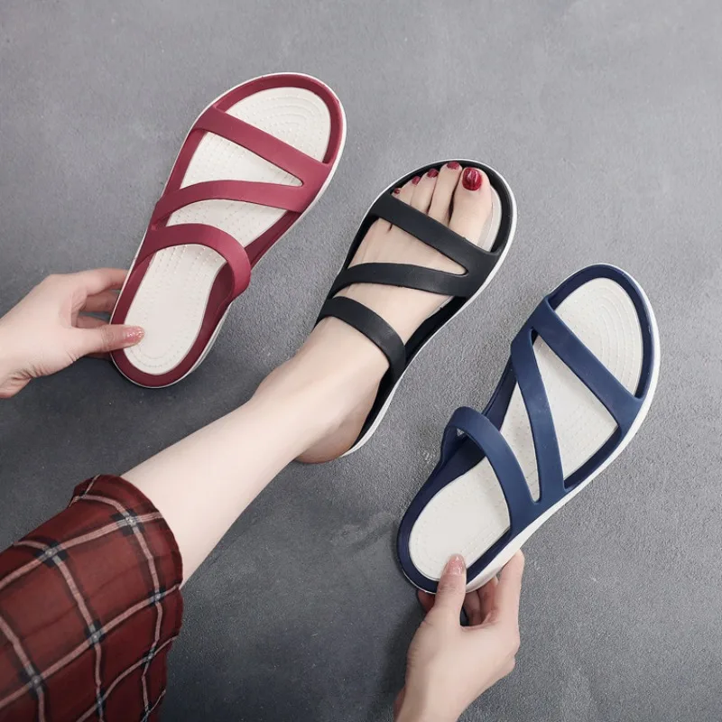 

Women's Slippers Flat Bottom Round Head Solid Color Sandals Korean Style Casual Non-slip Lightweight Beach Shoes Sandales Plates