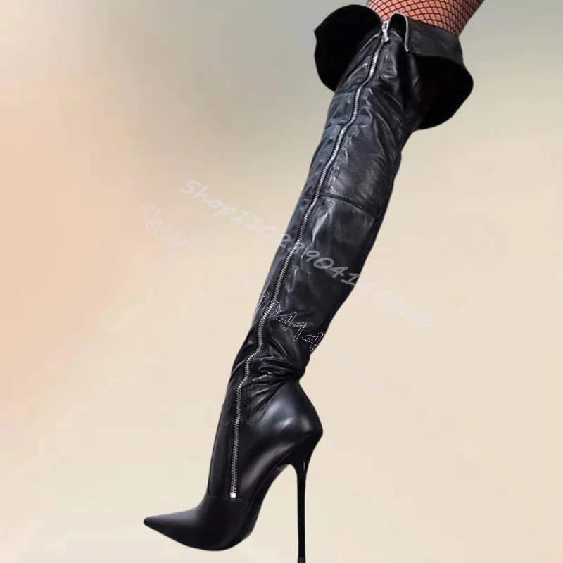 

Black Zipper Pleated Design Pointed Toe Boots Side Zipper Women Shoes Thin High Heels Sexy Party Feast 2024 Zapatos Para Mujere