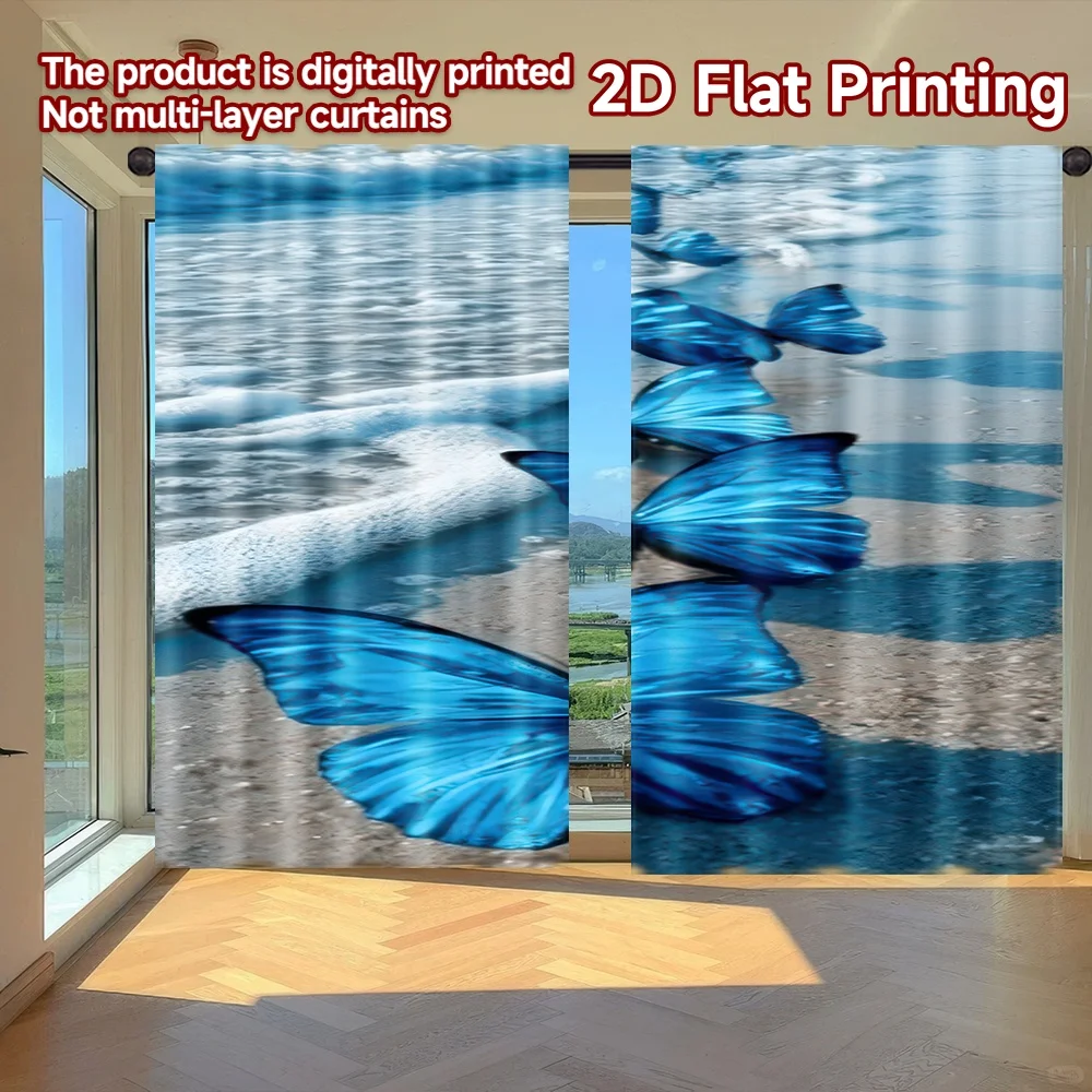 

2D flat printing 2pcs Party Window Curtains Blue Butterflies on Beach Digital Printed Polyester Drapes Party Decorations Use for
