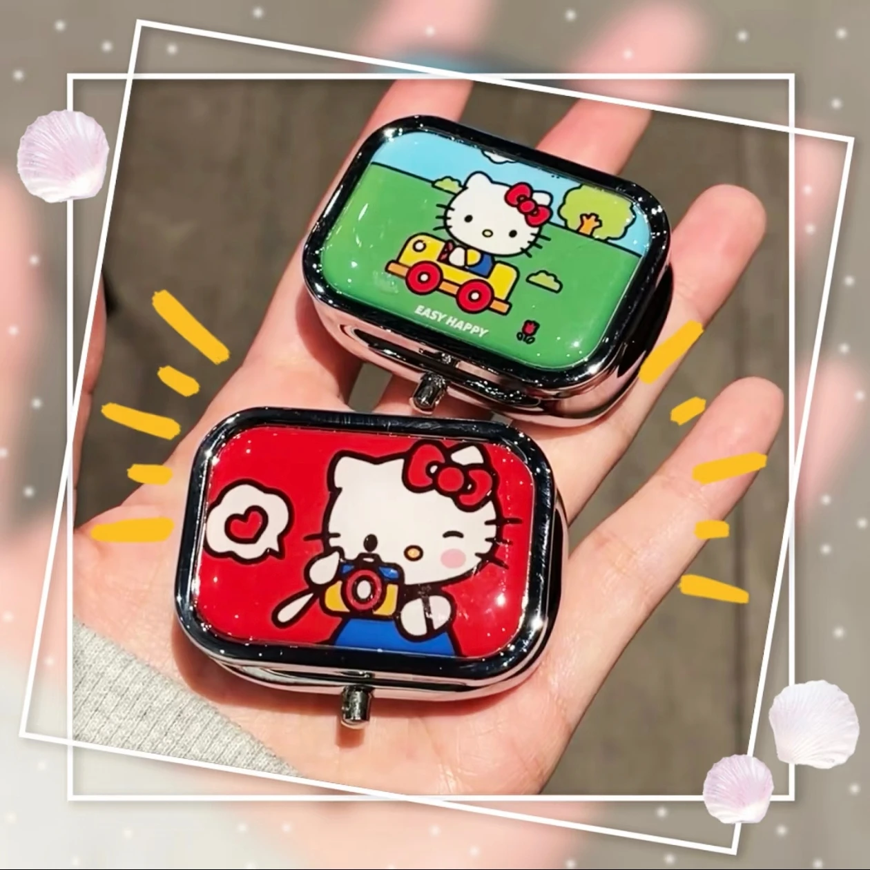 Boîte de rangement en métal Anime Sanrio Hello Kitty, organisateur de pilules, compartimenté, mignon, dessin animé, mini boîte à bijoux, conteneur à bonbons, Kawaii