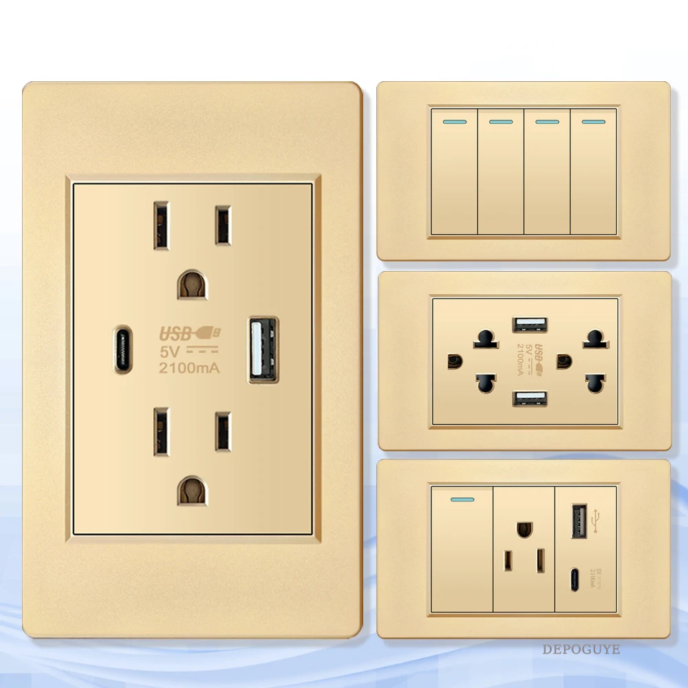 American Mexico Standard Double USB Plug Type C Wall Quick Charging Socket US Home Light Switch Panel PC Electrical Power Outlet