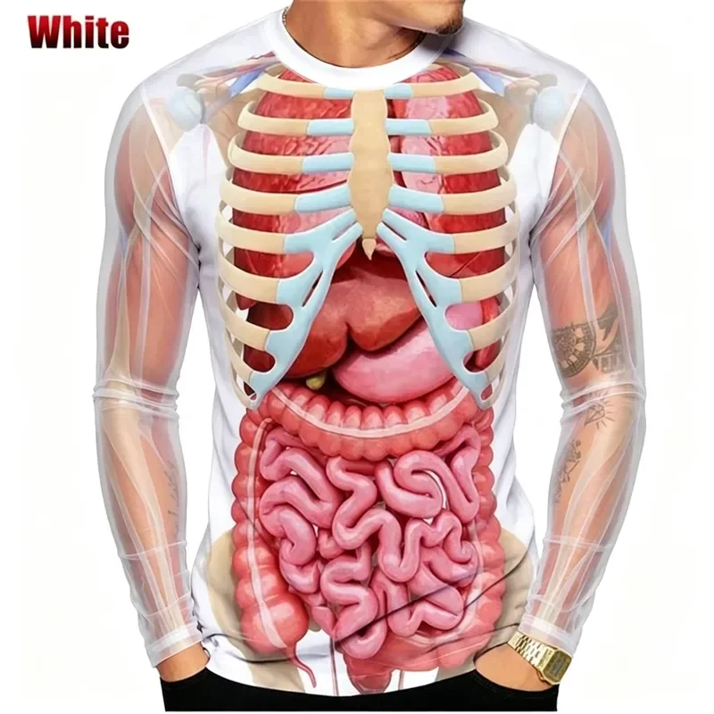 3D Print Casual Long Sleeve Men's T-Shirt 2026 Human Anatomy Organ Skeleton Crew Neck Halloween Party Tops Fashion Streetwear